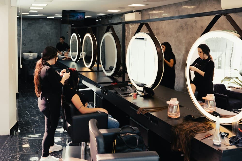 Sample hair styling in a salon, shown as inspiration